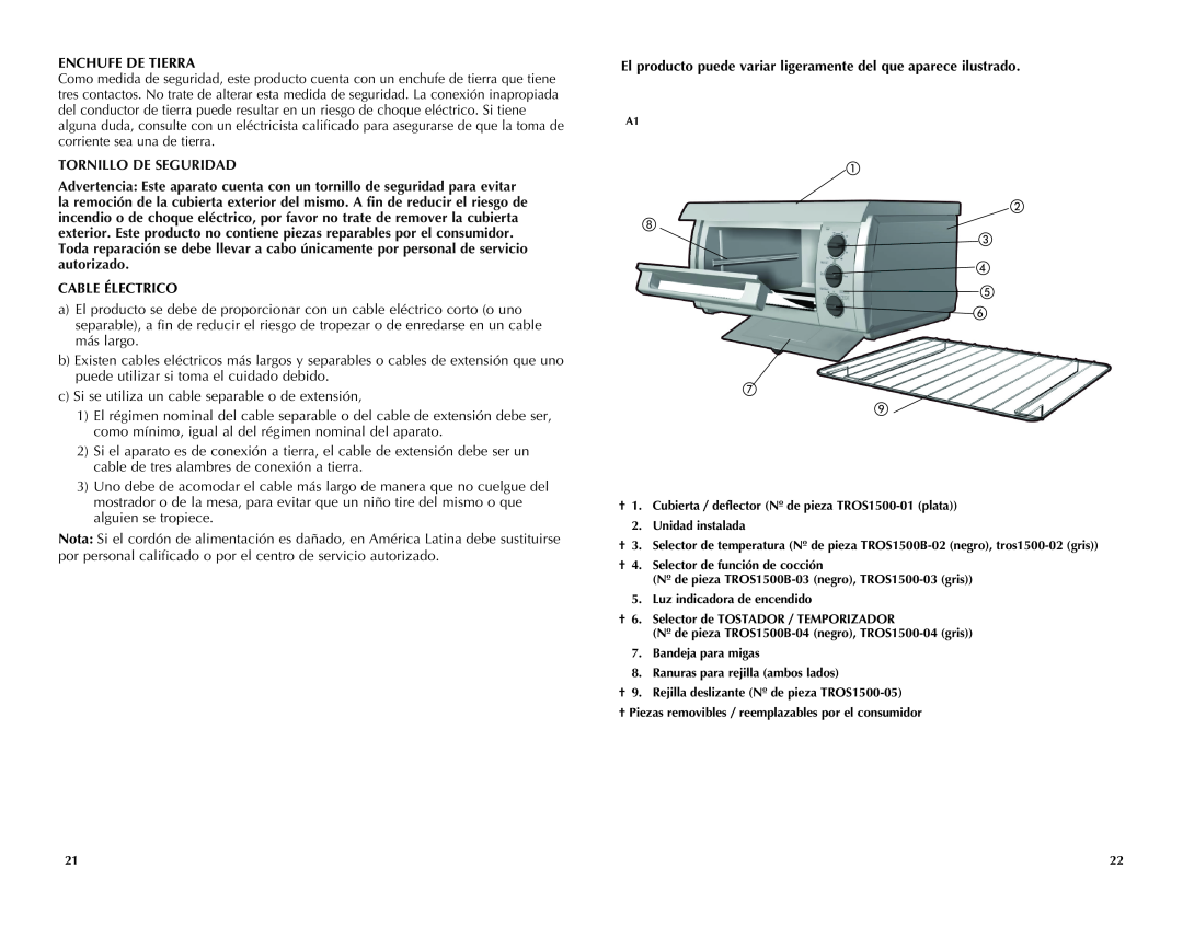 Black & Decker TROS1500B manual Enchufe De Tierra, Tornillo De Seguridad, Cable Électrico 