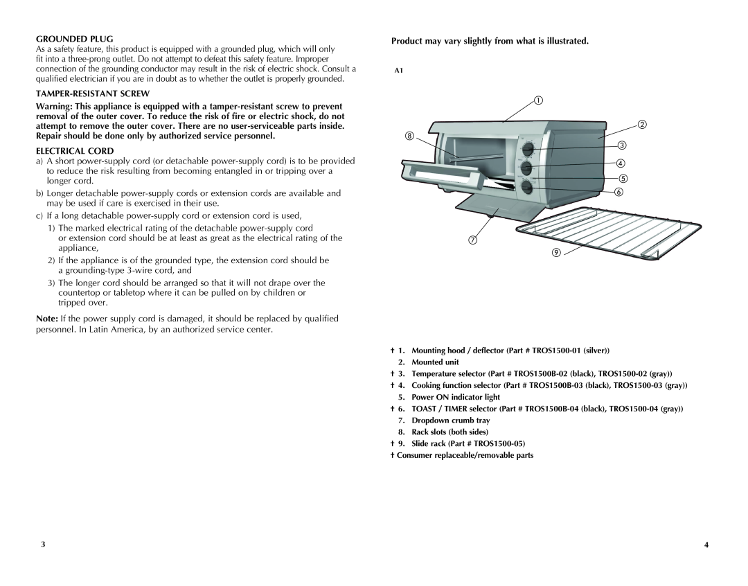 Black & Decker TROS1500B manual Grounded Plug, Tamper-Resistant Screw, Electrical Cord 