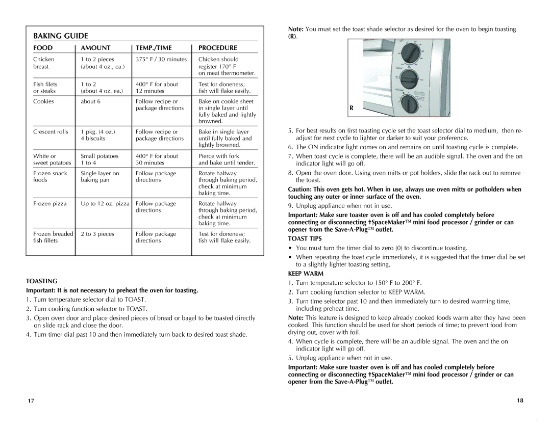 Black & Decker TROSOS1500B manual Baking Guide, Food Amount TEMP./TIME Procedure, Toasting, Toast Tips, Keep Warm 