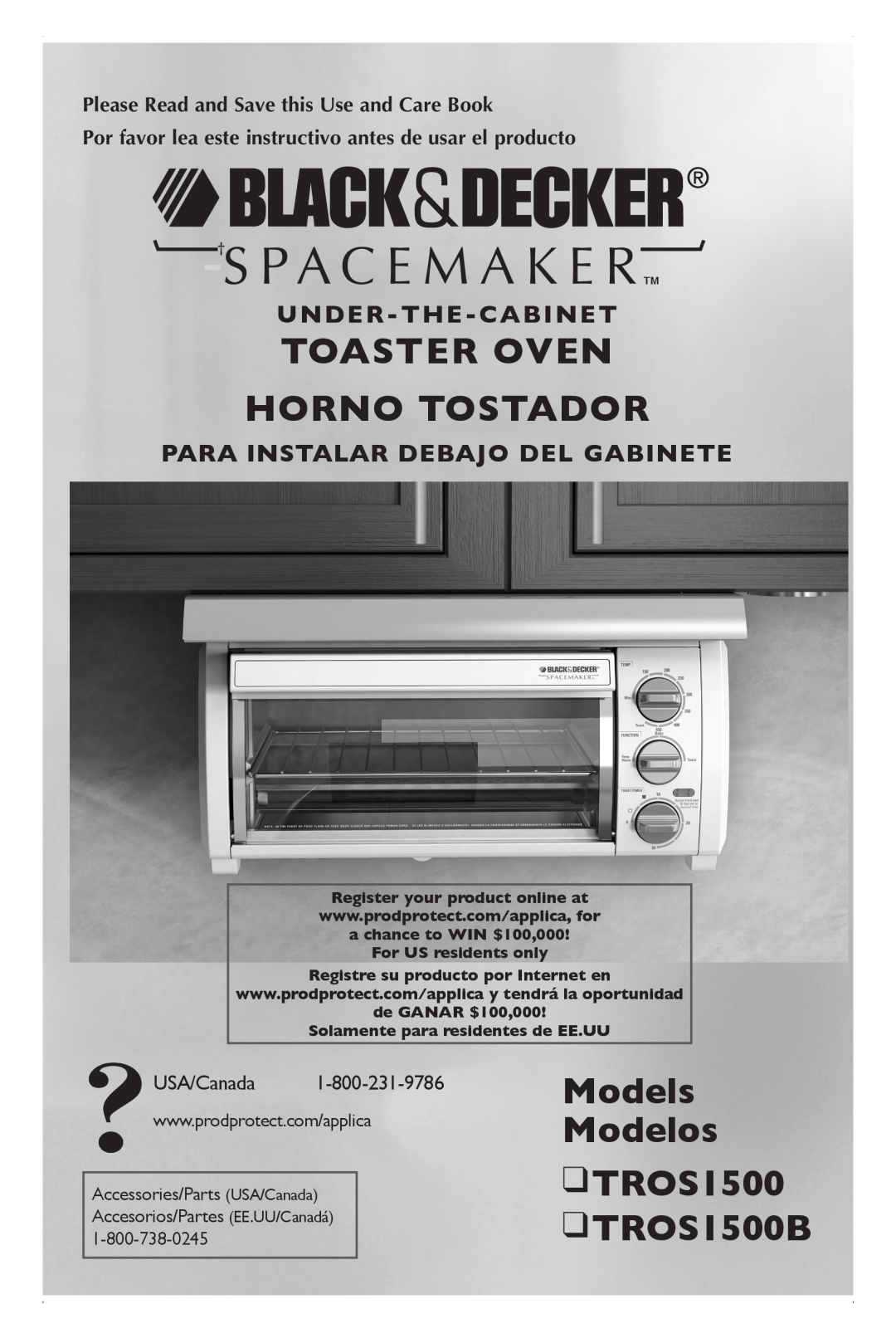 Black & Decker TROSOS1500 manual Toaster Oven Horno tostador, Models Modelos TROS1500 TROS1500B, Under-The-Cabinet 