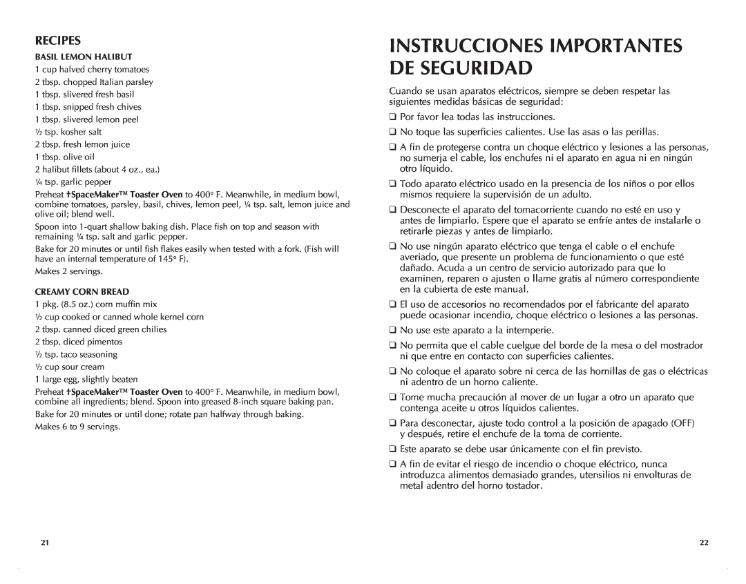 Black & Decker TROSOS1500B manual Instrucciones Importantes De Seguridad, Recipes 