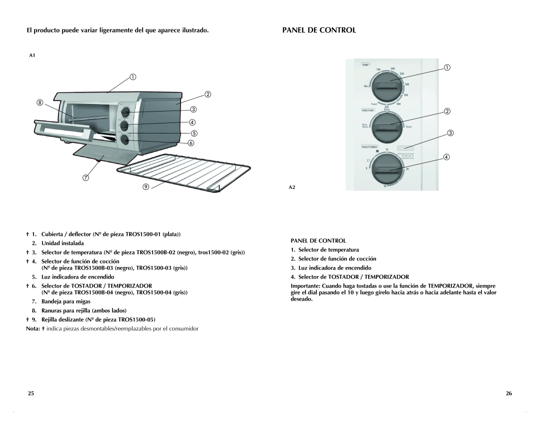 Black & Decker TROSOS1500B manual Panel De Control, El producto puede variar ligeramente del que aparece ilustrado 