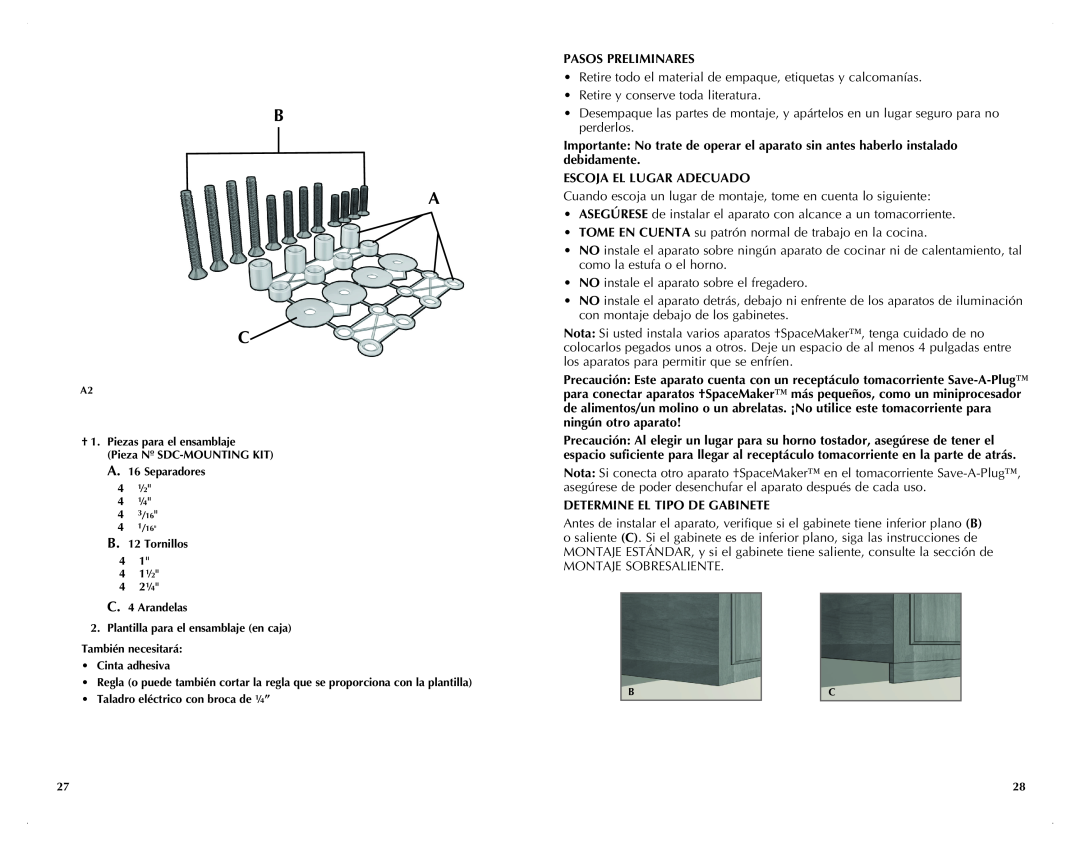 Black & Decker TROSOS1500B manual B A C, Pasos Preliminares, Escoja El Lugar Adecuado, Determine El Tipo De Gabinete 