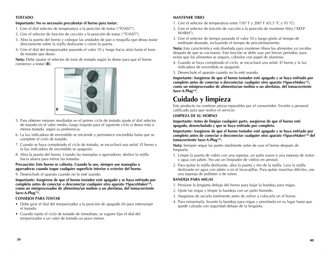 Black & Decker TROSOS1500 manual Cuidado y limpieza, TOSTADO Importante No es necesario precalentar el horno para tostar 