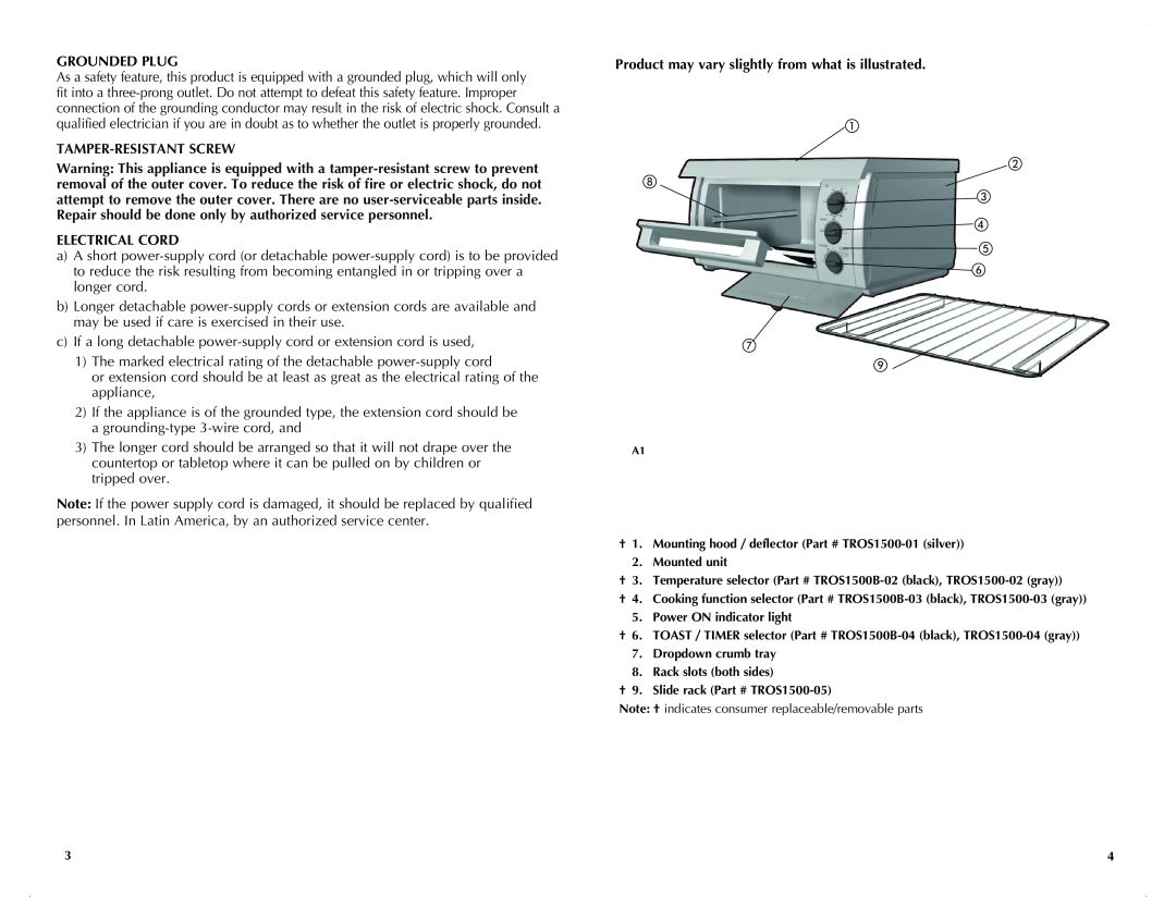 Black & Decker TROSOS1500B manual Grounded Plug, Tamper-Resistant Screw, Electrical Cord 