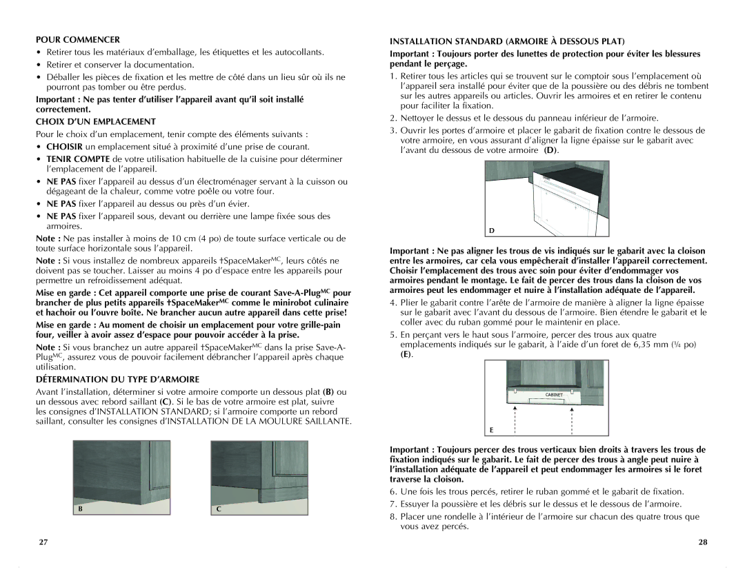 Black & Decker TROSOS1500C manual Pour Commencer, Choix D’UN Emplacement, Détermination DU Type D’ARMOIRE 