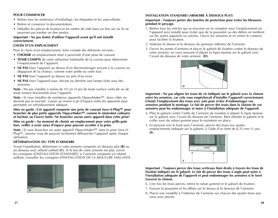 Black & Decker TROSOS1500C manual Pour Commencer, Choix D’Un Emplacement, Détermination Du Type D’Armoire 