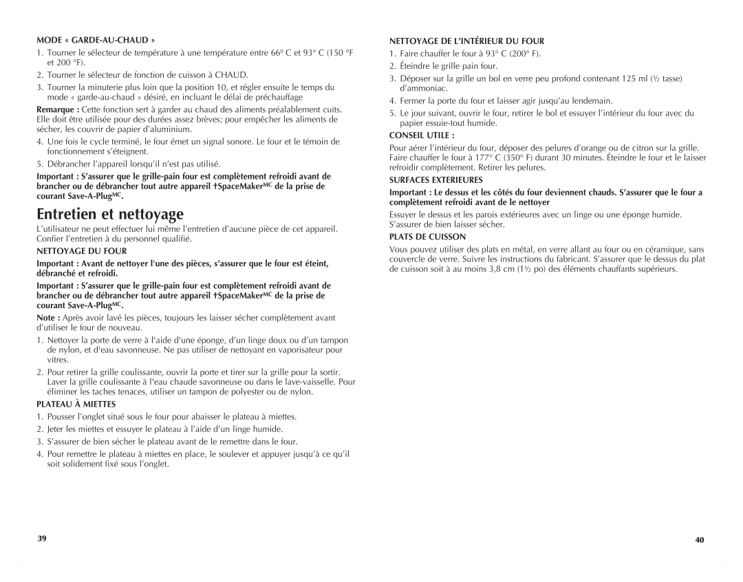Black & Decker TROSOS1500C manual Entretien et nettoyage, Mode « Garde-Au-Chaud », Nettoyage Du Four, Plateau À Miettes 