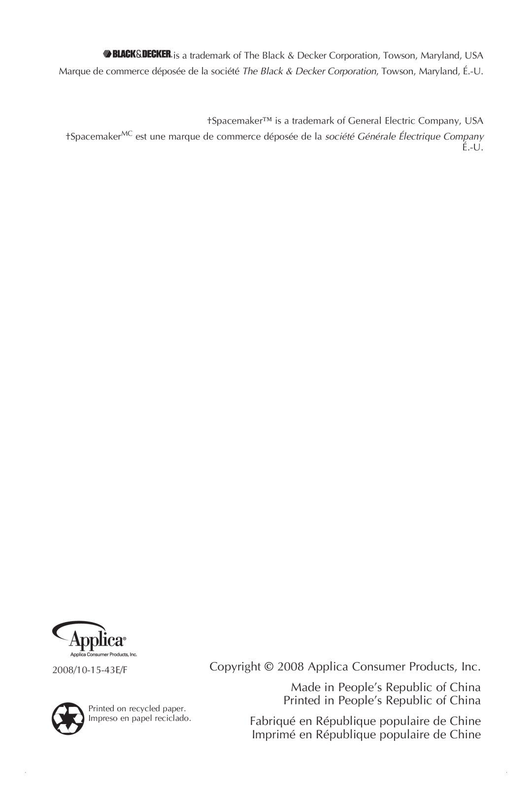 Black & Decker TROSOS1500C manual Copyright 2008 Applica Consumer Products, Inc 