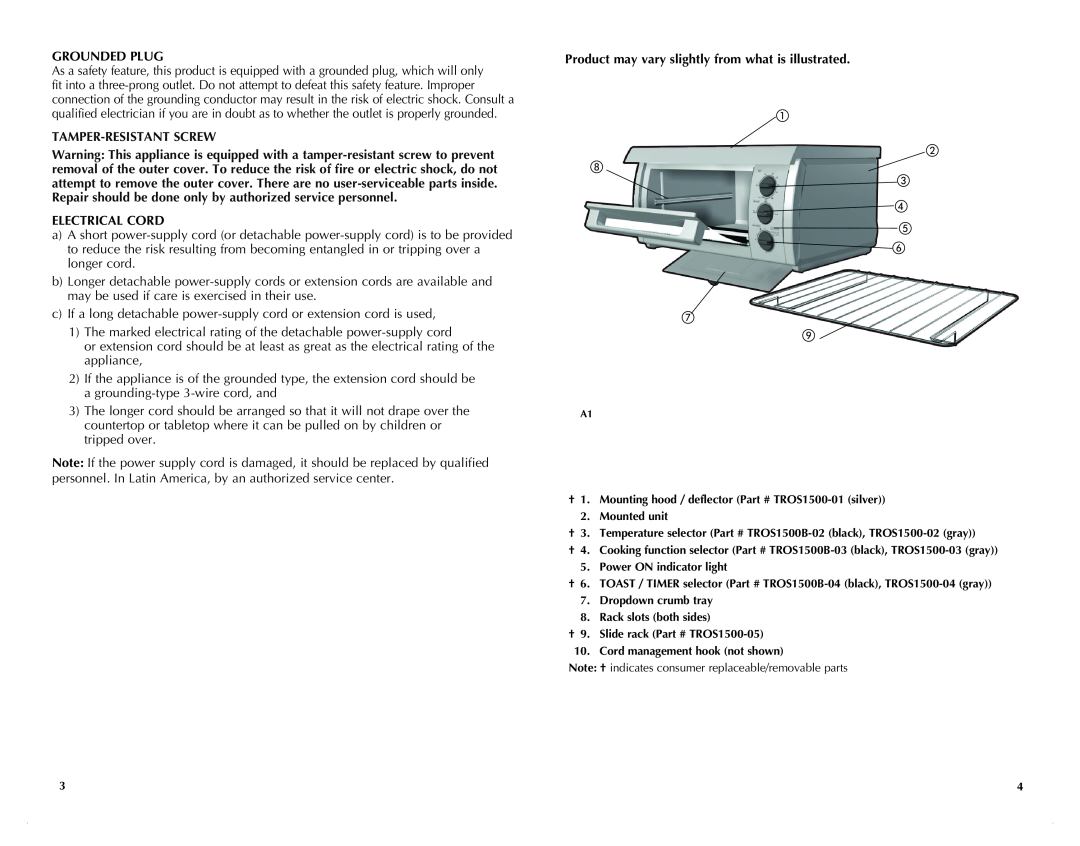 Black & Decker TROSOS1500C manual Grounded Plug, Tamper-Resistant Screw, Electrical Cord 