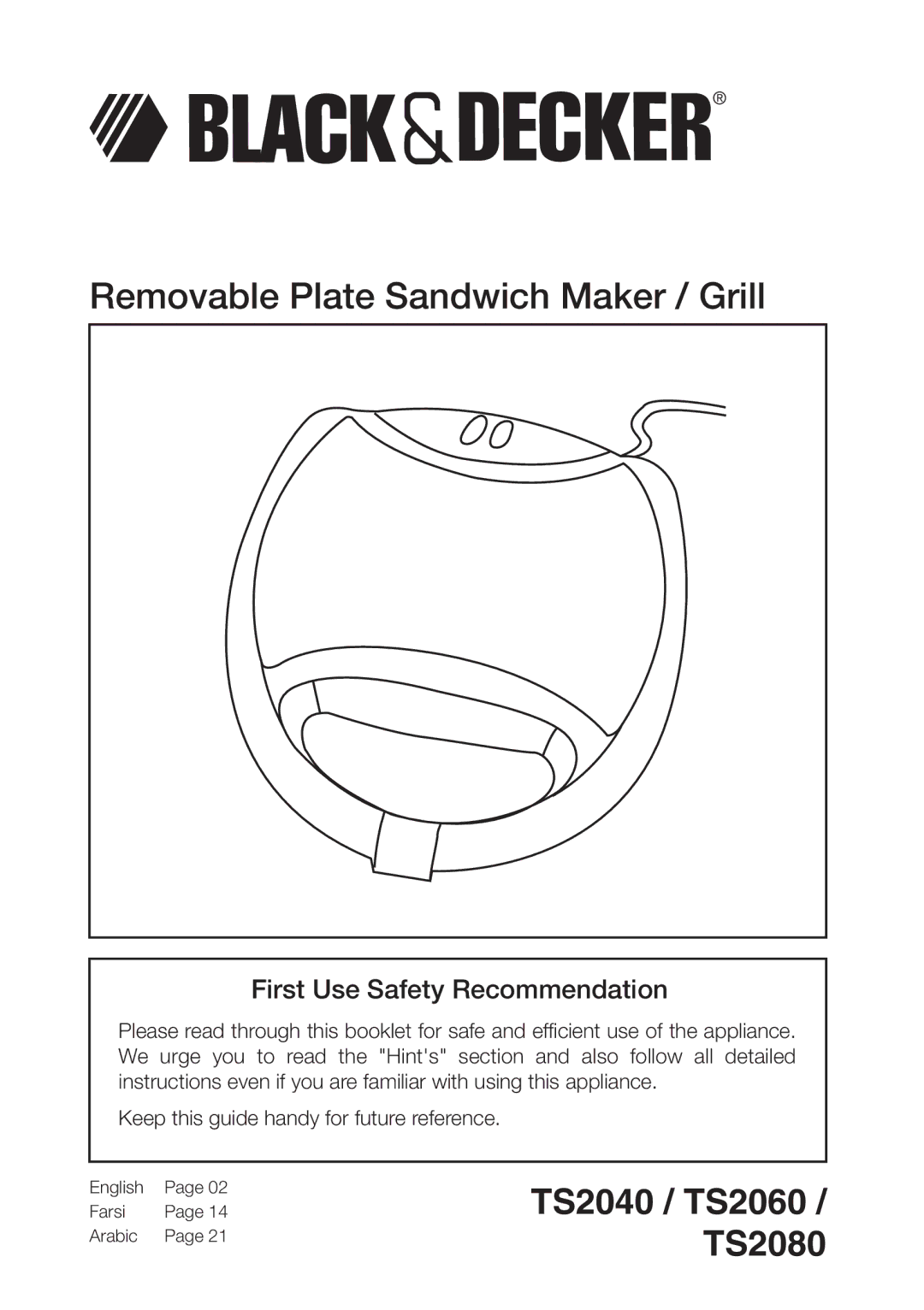 Black & Decker TS2060, TS2080, TS2040 manual Removable Plate Sandwich Maker / Grill, English Farsi Arabic 