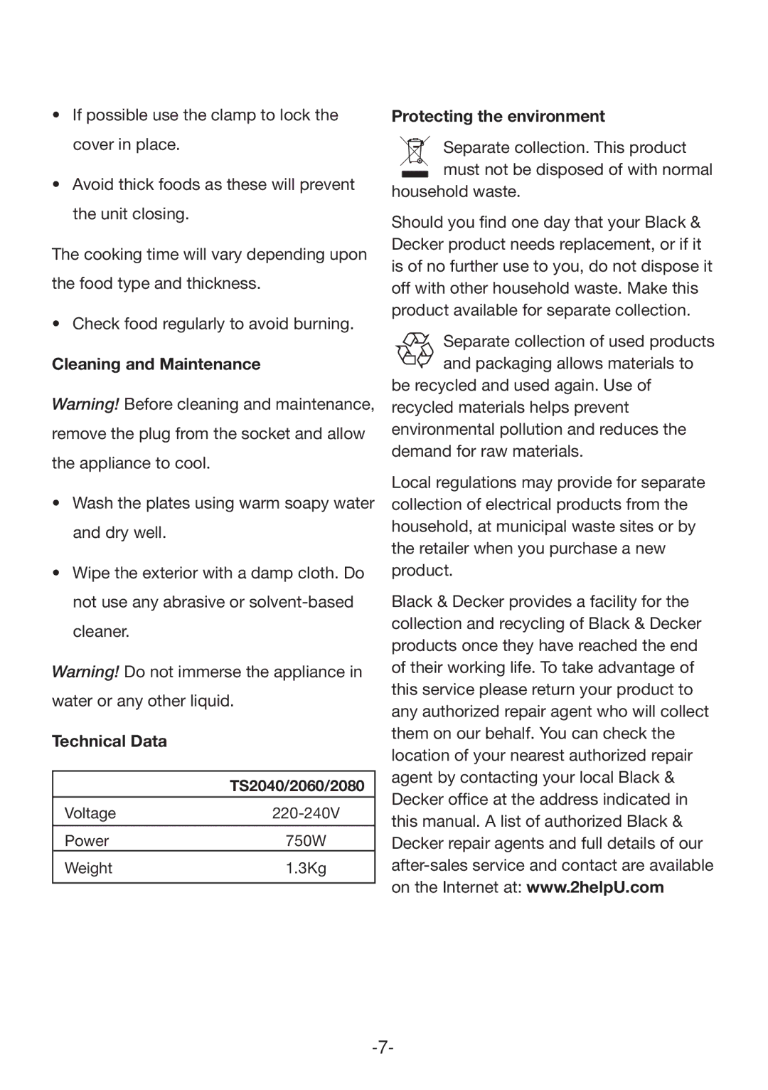 Black & Decker TS2060, TS2080 manual Cleaning and Maintenance, Technical Data, Protecting the environment, TS2040/2060/2080 