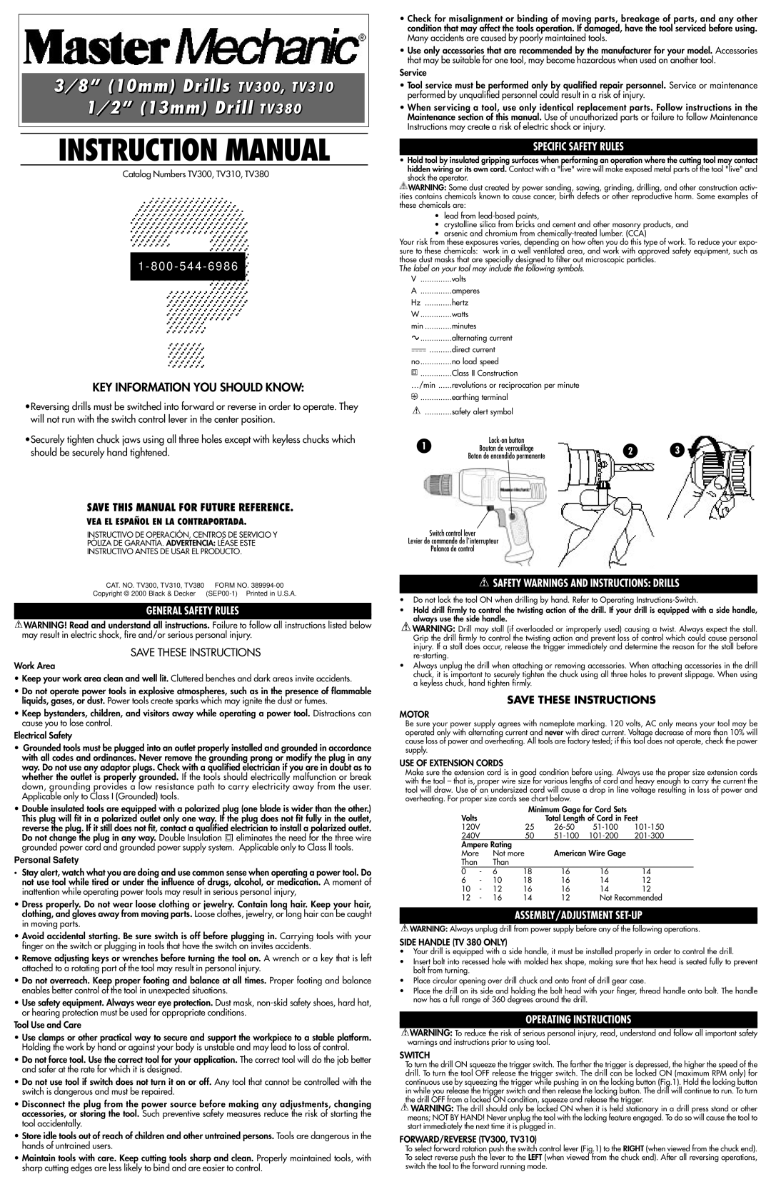 Black & Decker TV380, TV310 instruction manual General Safety Rules, Specific Safety Rules, Assembly/Adjustment Set-Up 