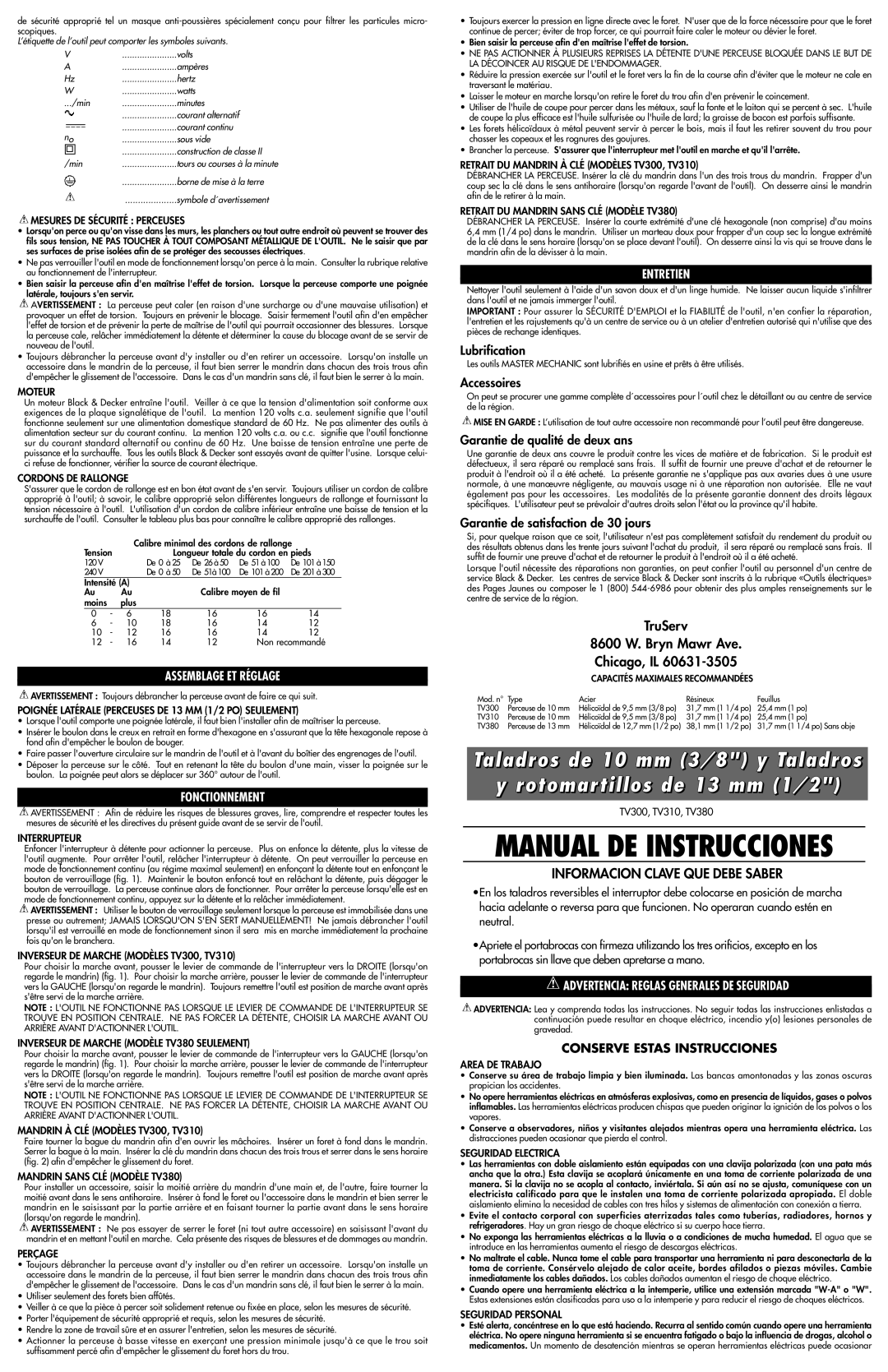 Black & Decker TV310, TV380, TV300 instruction manual Assemblage ET Réglage, Fonctionnement, Entretien 