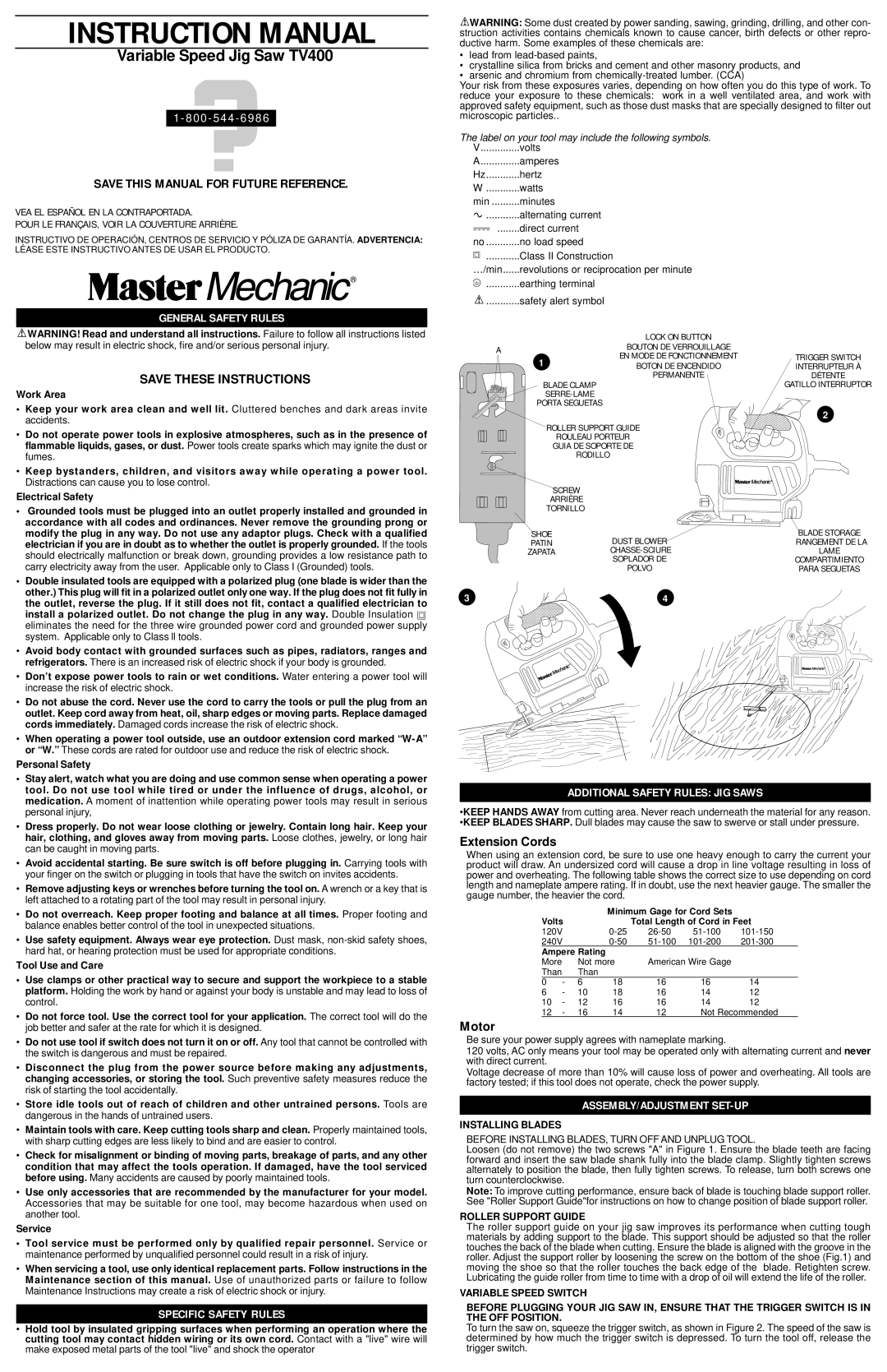 Black & Decker 389995-00, TV400 instruction manual Extension Cords, Motor, Installing Blades, Roller Support Guide 