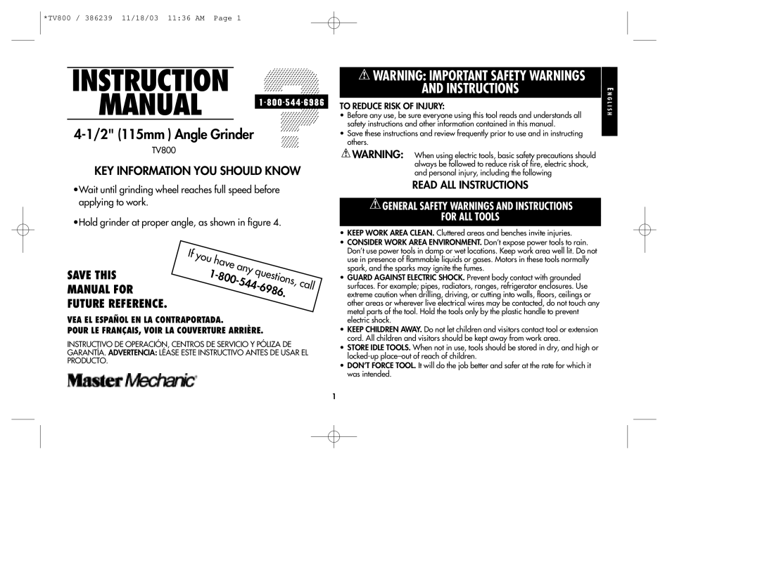 Black & Decker 386239 instruction manual General Safety Warnings and Instructions For ALL Tools, To Reduce Risk of Injury 