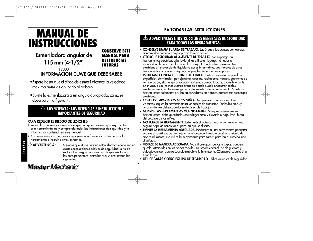 Black & Decker TV800, 386239 instruction manual Importantes DE Seguridad, Para Reducir EL Riesgo DE Lesiones 