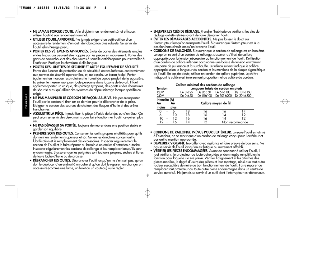 Black & Decker TV800, 386239 instruction manual Tension Longueur totale du cordon en pieds 