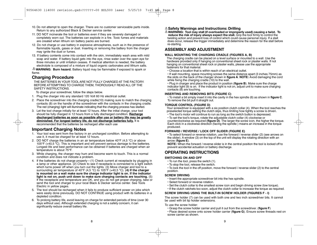 Black & Decker U4000 instruction manual Charging Procedure, Important Charging Notes 