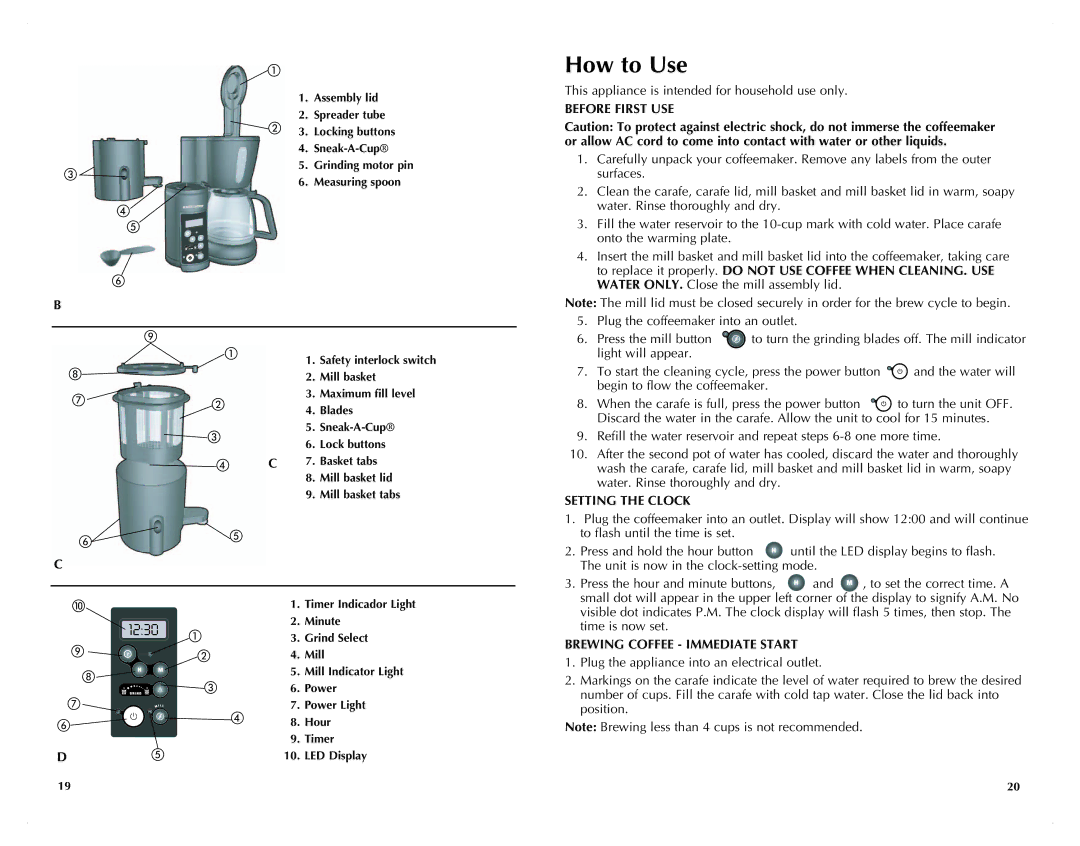 Black & Decker UCM200WG manual Before First Use, Setting the Clock, Brewing Coffee Immediate Start 