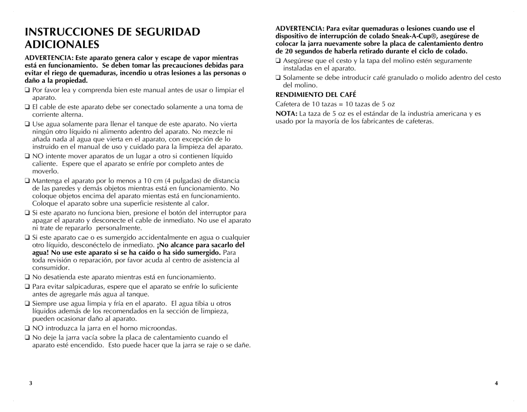 Black & Decker UCM200WG manual Instrucciones DE Seguridad Adicionales, Rendimiento del café 