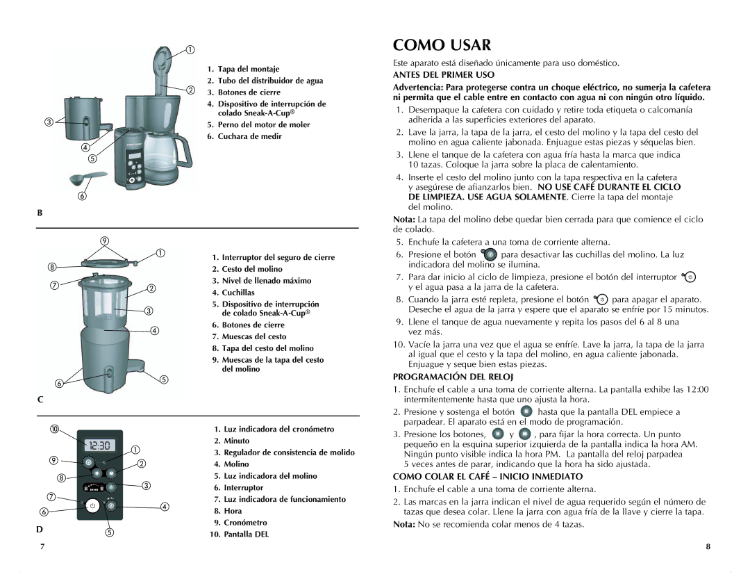 Black & Decker UCM200WG manual Como Usar, Antes del primer uso, Programación del reloj, Como colar el café Inicio inmediato 