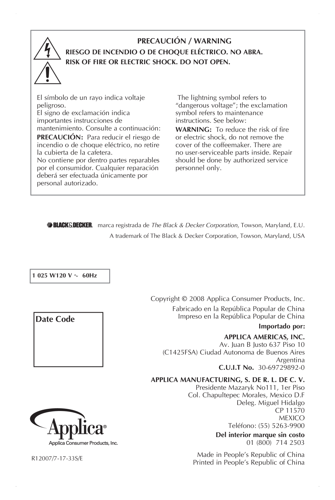 Black & Decker UCM200WG manual Date Code, Precaución / Warning, Importado por Applica Americas, Inc 