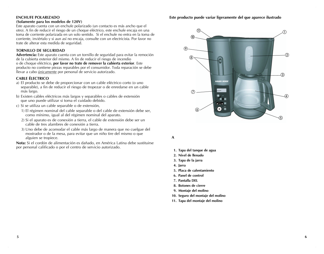 Black & Decker UCM200WG manual ENCHUFE POLARIZADO Solamente para los modelos de, Tornillo De Seguridad, Cable Électrico 