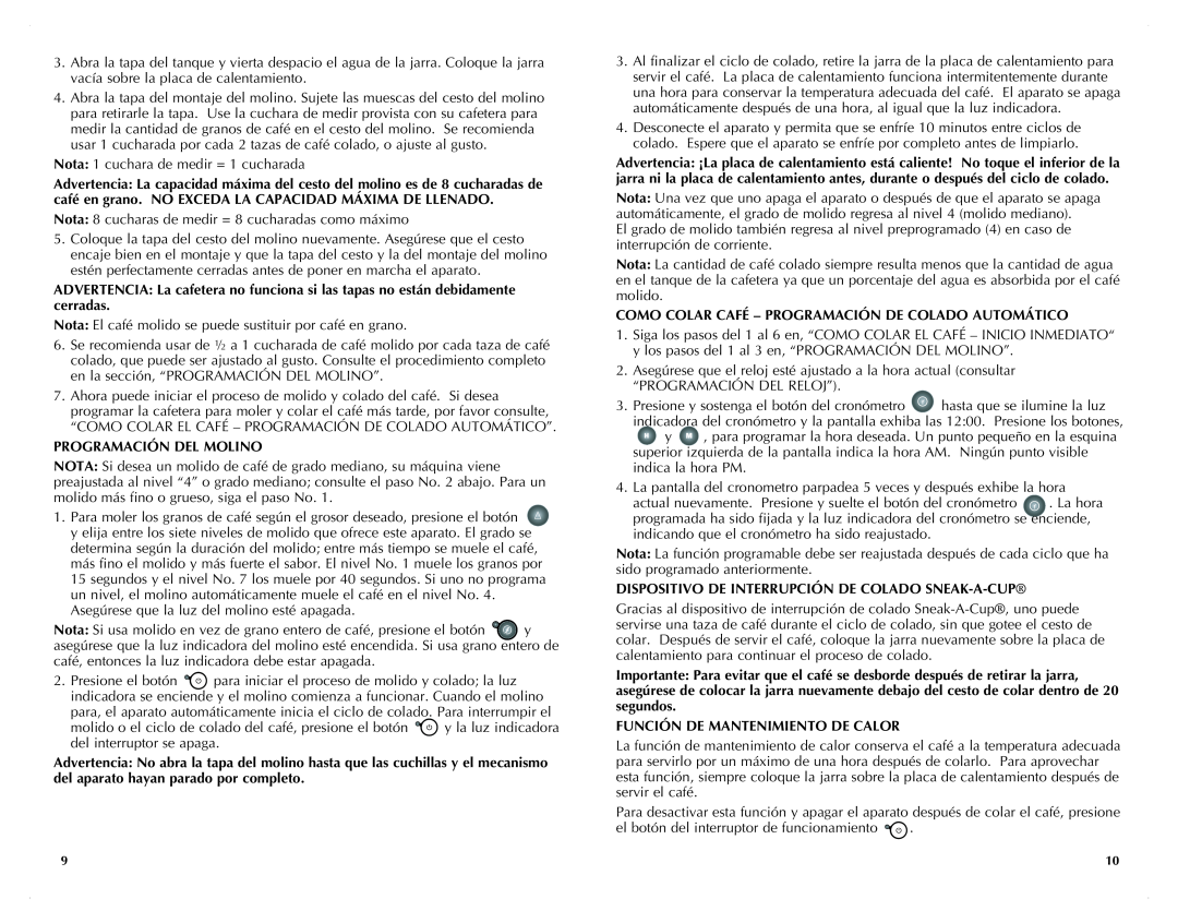 Black & Decker UCM200WG manual Programación Del Molino, Dispositivo de interrupción de colado SneaK-A-Cup 