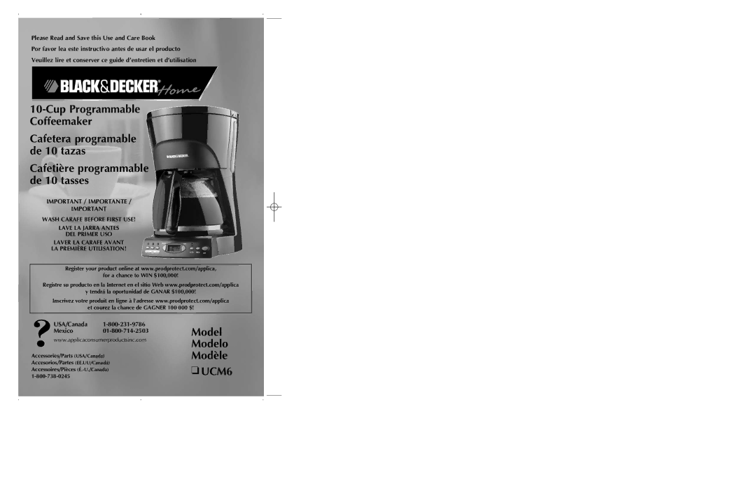 Black & Decker manual Cup Programmable Coffeemaker, Model Modelo Modèle UCM6, USA/Canada Mexico01-800-714-2503 