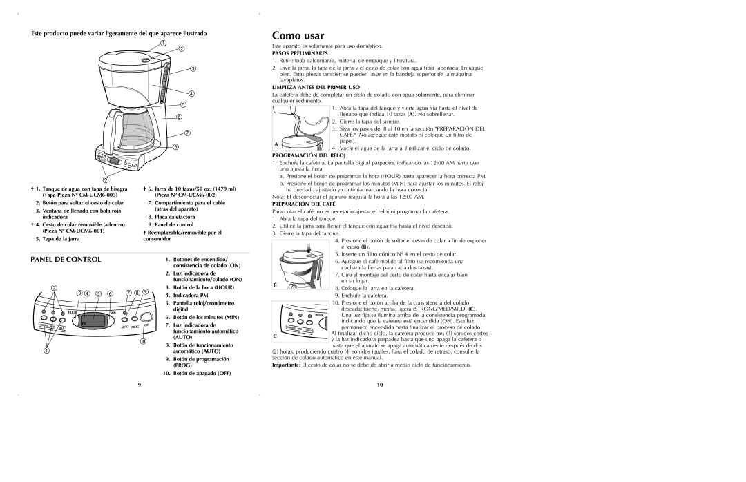 Black & Decker UCM6 manual Como usar, Panel DE Control 