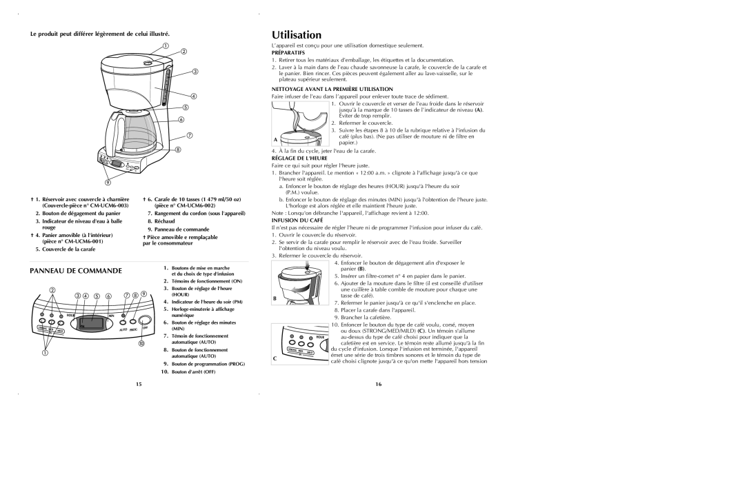 Black & Decker UCM6 manual Utilisation, Panneau DE Commande, Le produit peut différer légèrement de celui illustré 