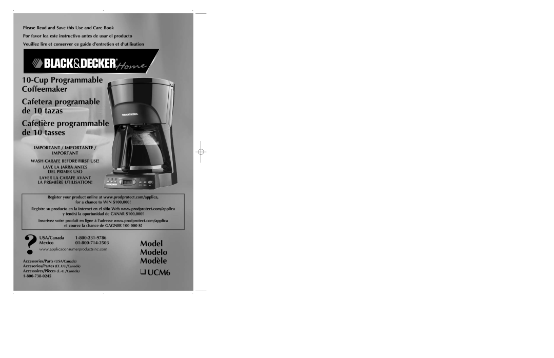 Black & Decker manual Cup Programmable Coffeemaker, Model Modelo Modèle UCM6, Important / Importante 