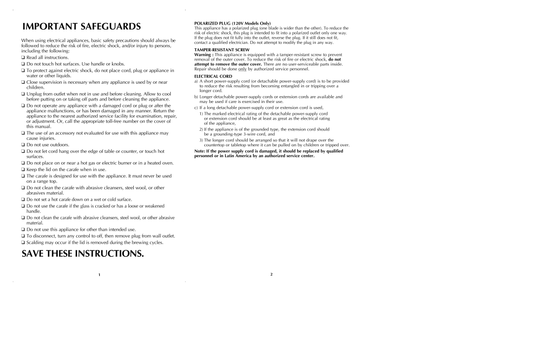 Black & Decker UCM6 manual Important Safeguards, Save These Instructions 