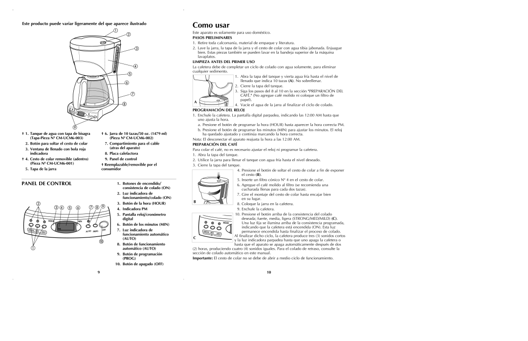 Black & Decker UCM6 manual Como usar, Panel De Control, Este producto puede variar ligeramente del que aparece ilustrado 