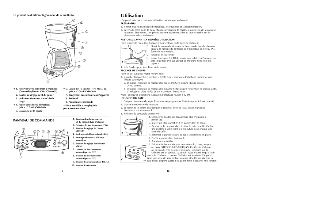 Black & Decker UCM6 manual Utilisation, Panneau De Commande, Le produit peut différer légèrement de celui illustré 