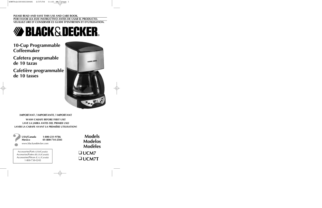 Black & Decker UCM7T manual Cup Programmable Coffeemaker, Models Modelos Modèles UCM7, USA/Canada Mexico01-800-714-2503 