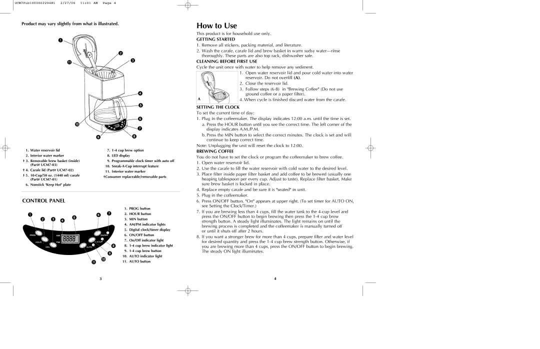 Black & Decker UCM7T manual How to Use, Control Panel, Getting Started, Cleaning Before First USE, Brewing Coffee 