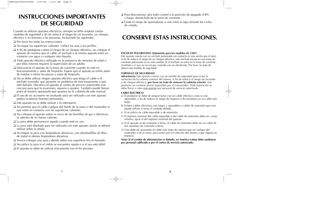 Black & Decker UCM7T manual Instrucciones Importantes DE Seguridad, Conserve Estas Instrucciones, Cable Électrico 