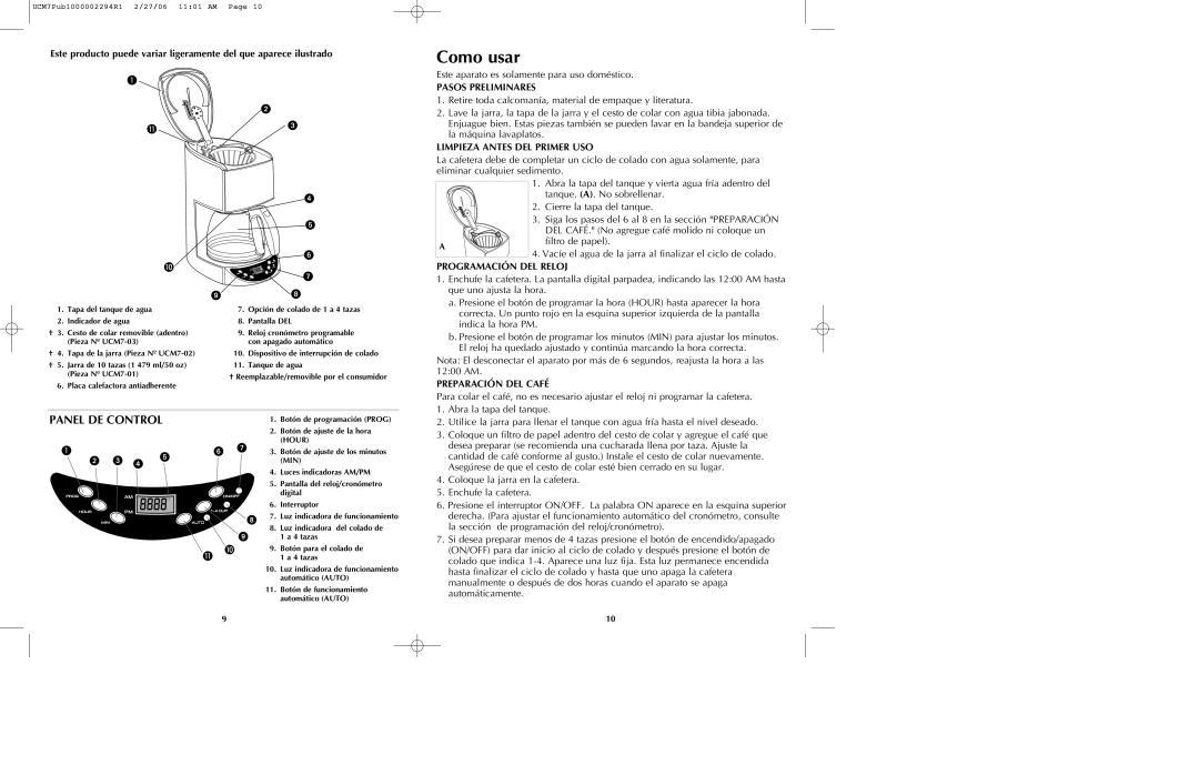 Black & Decker UCM7T manual Como usar, Panel DE Control 