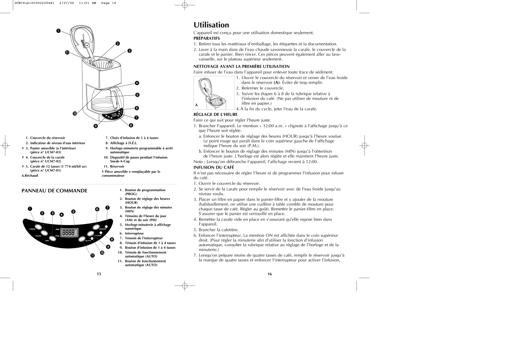 Black & Decker UCM7T manual Utilisation, Panneau DE Commande 