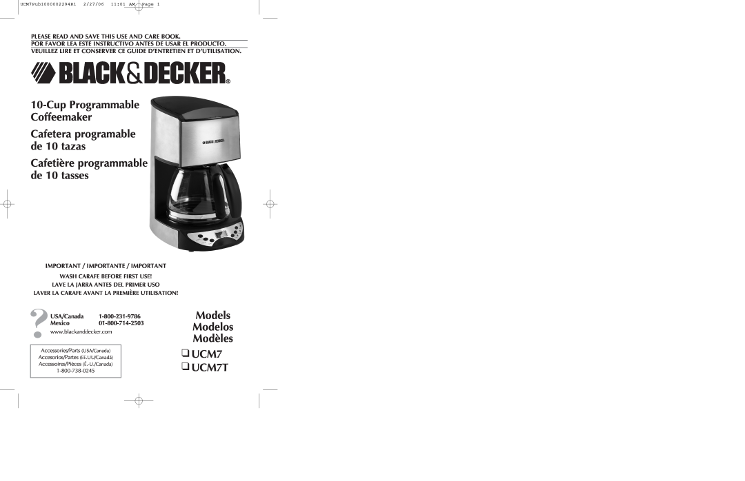 Black & Decker manual Cup Programmable Coffeemaker, Models Modelos Modèles UCM7 UCM7T, USA/Canada Mexico01-800-714-2503 