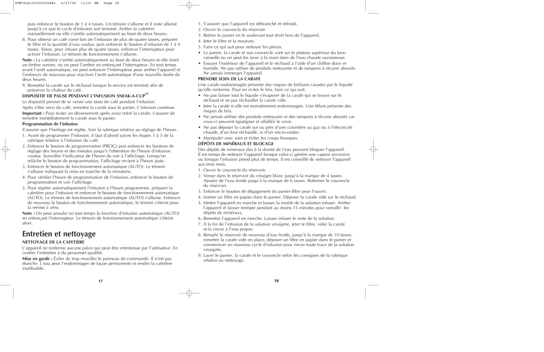 Black & Decker UCM7T manual Entretien et nettoyage, DISPOSITIF DE PAUSE PENDANT L’INFUSION SNEAK-A-CUPmd 