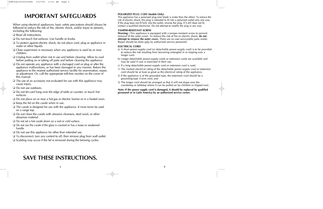 Black & Decker UCM7T manual Important Safeguards, Save These Instructions 