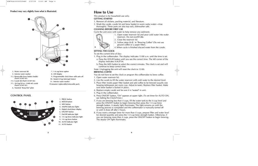 Black & Decker UCM7T manual How to Use, Control Panel, Product may vary slightly from what is illustrated, Getting Started 