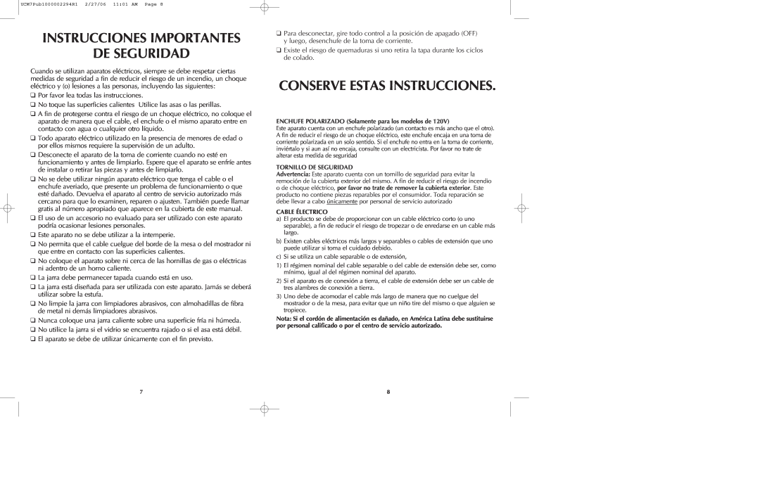 Black & Decker UCM7T manual Instrucciones Importantes De Seguridad, Conserve Estas Instrucciones 