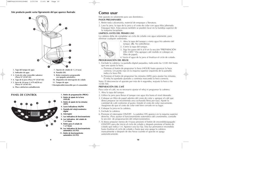 Black & Decker UCM7T Como usar, Panel De Control, Este producto puede variar ligeramente del que aparece ilustrado 