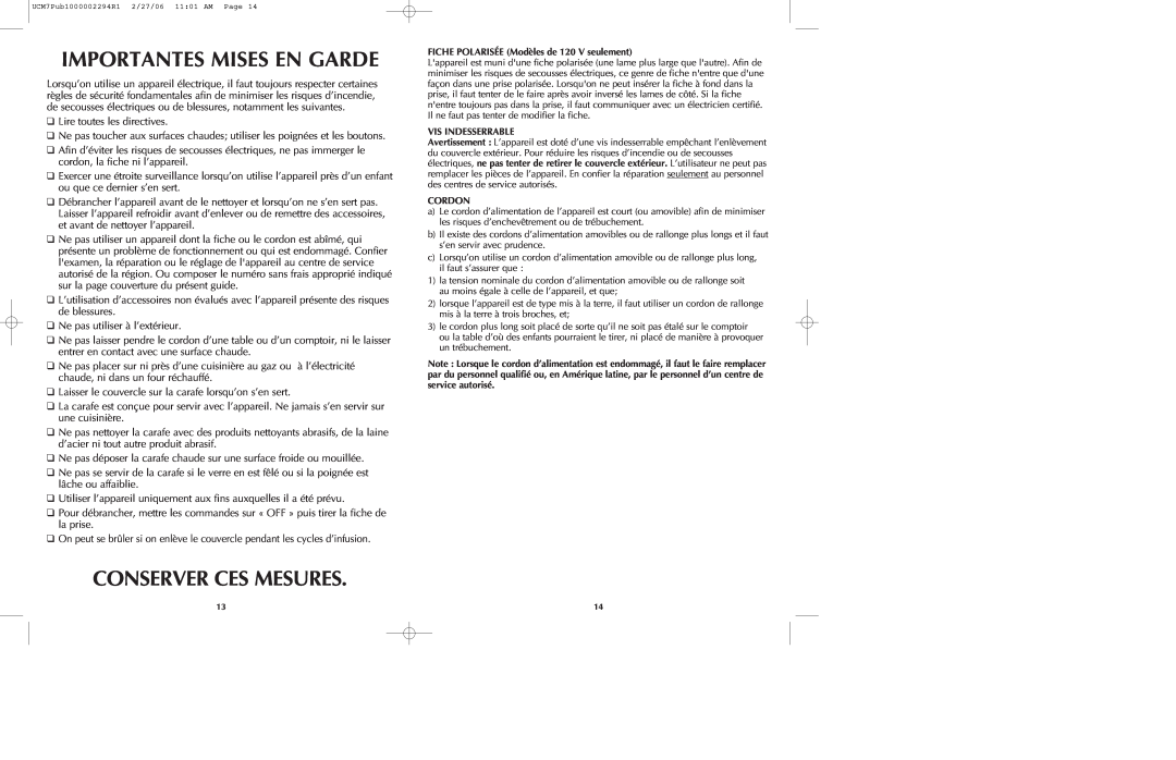 Black & Decker UCM7T manual Importantes Mises En Garde, Conserver Ces Mesures 