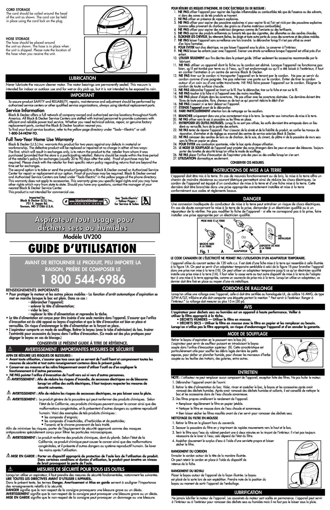 Black & Decker Guide D’Utilisation, 1 800, Aspirateur tout usage pour déchets secs ou humides, Modèle UV200, Avis 