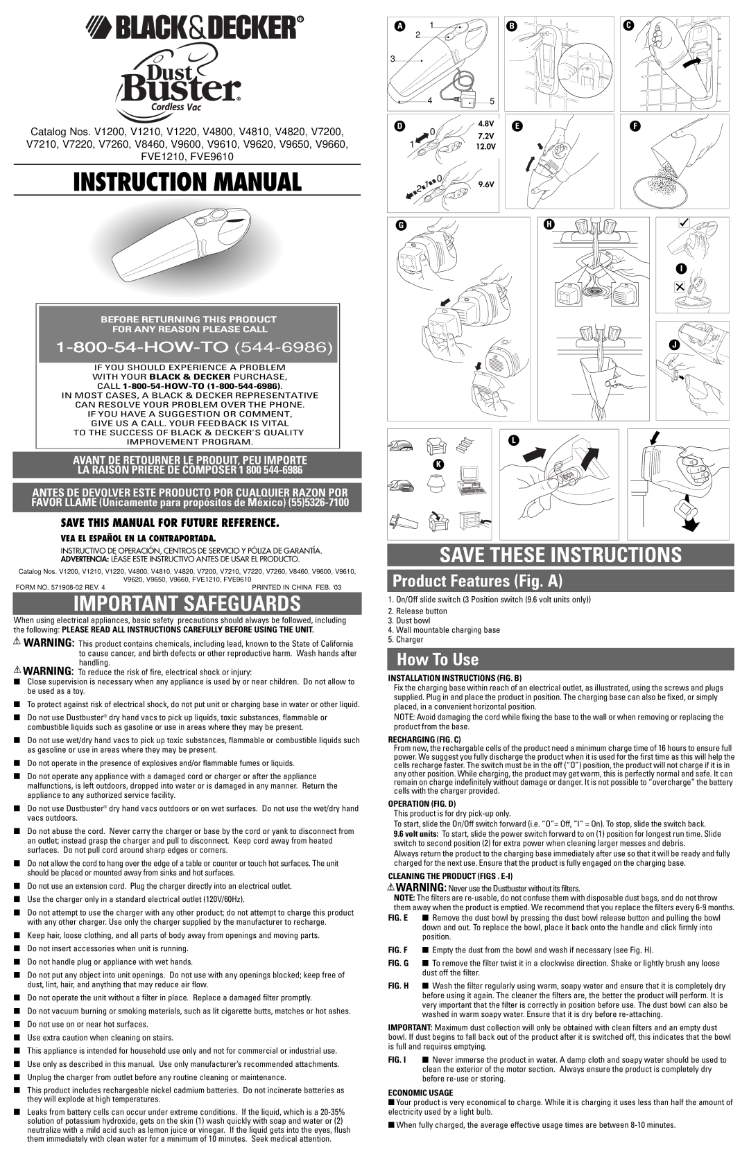 Black & Decker V1200 instruction manual VEA EL Español EN LA Contraportada, Installation Instructions FIG. B 